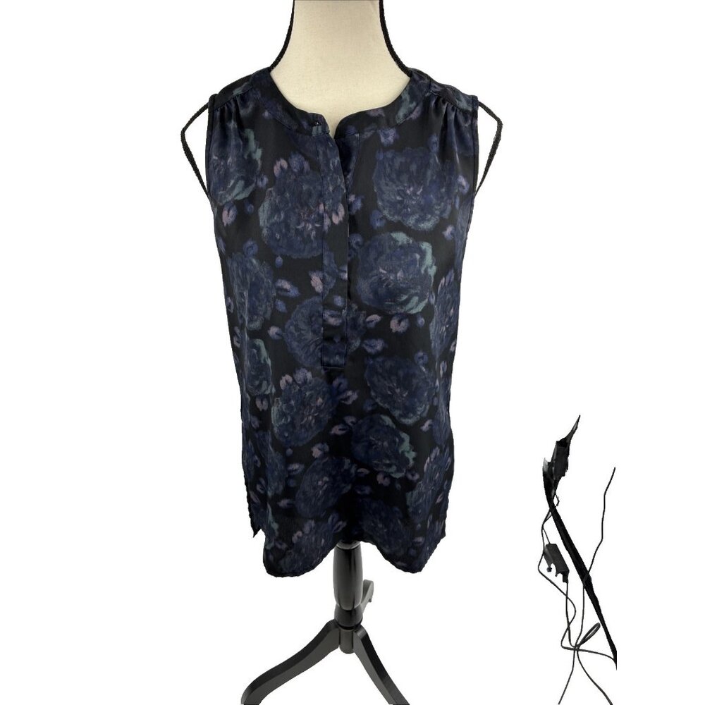LOFT Womens Sleeveless Floral Blouse Navy Blue Split Neck Top XS